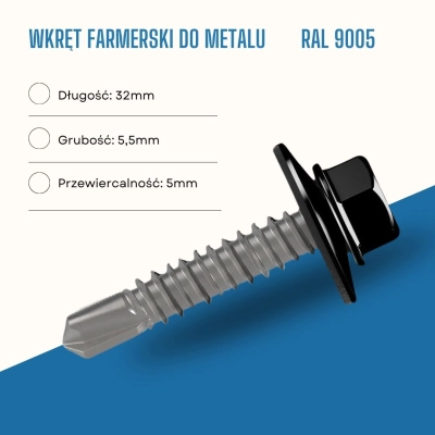 Wkręt farmerski do metalu 5,5x32 mm przewiercalność 5 mm w kolorze RAL 9005